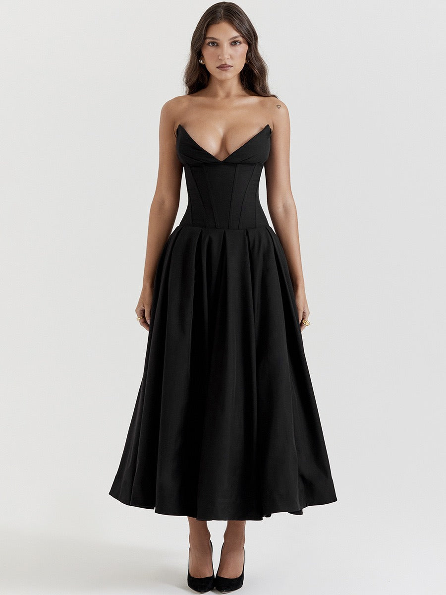 Solid V-neck sleeveless off shoulder elegant and sexy long dress