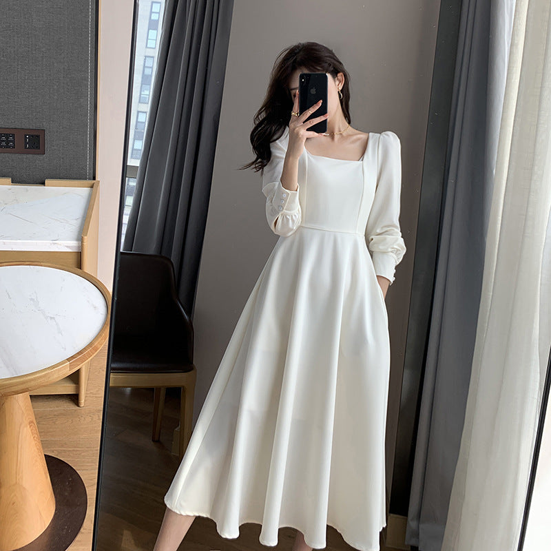 New Dress Women's Long Sleeve French Retro Style Square Neck Waist Slim Bottoming Long Skirt