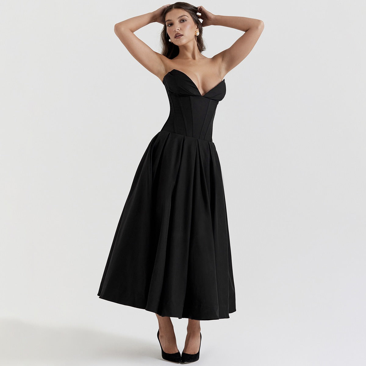 Solid V-neck sleeveless off shoulder elegant and sexy long dress