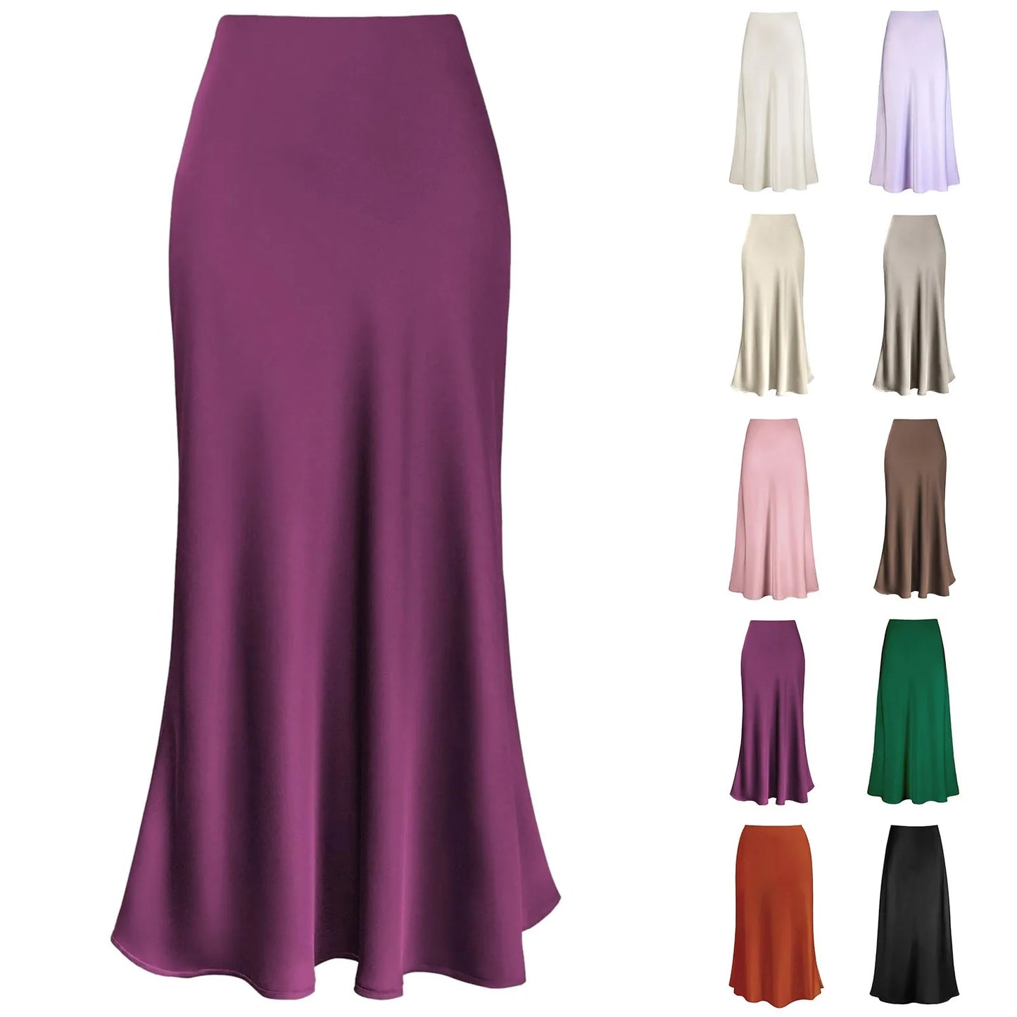 A-Line Pleated Long Skirts Summer Women  Korean Skirt Streetwear Elastic Waist Solid Elegant Satin Dress платье For Ladies