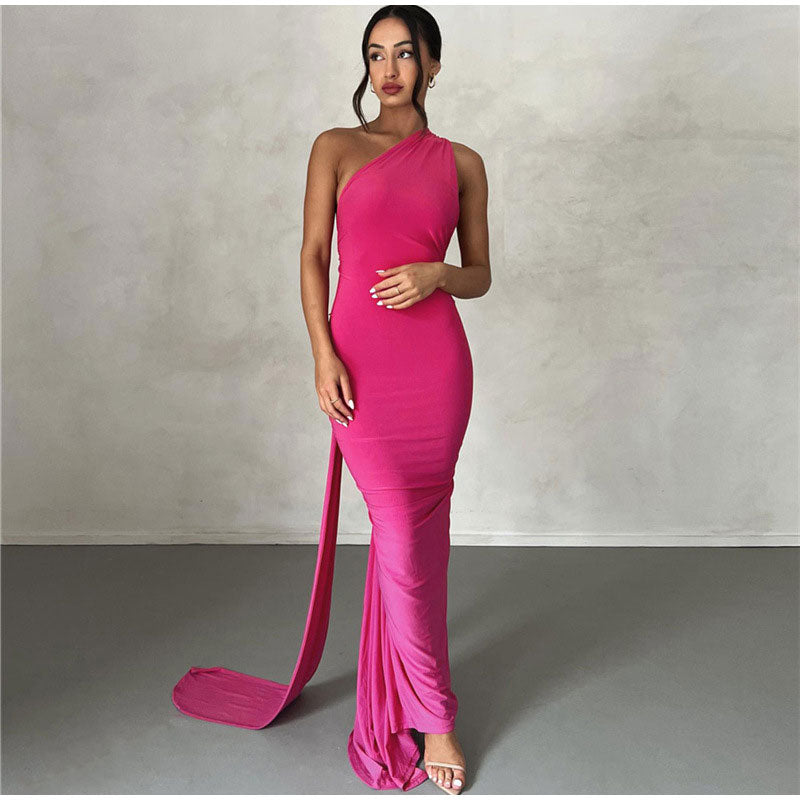 Solid Sexy Backless Halter Oblique Shoulder Pleated Evening Robe Fashion Elegant Women's Maxi Dress Summer Slim Party Vestidos