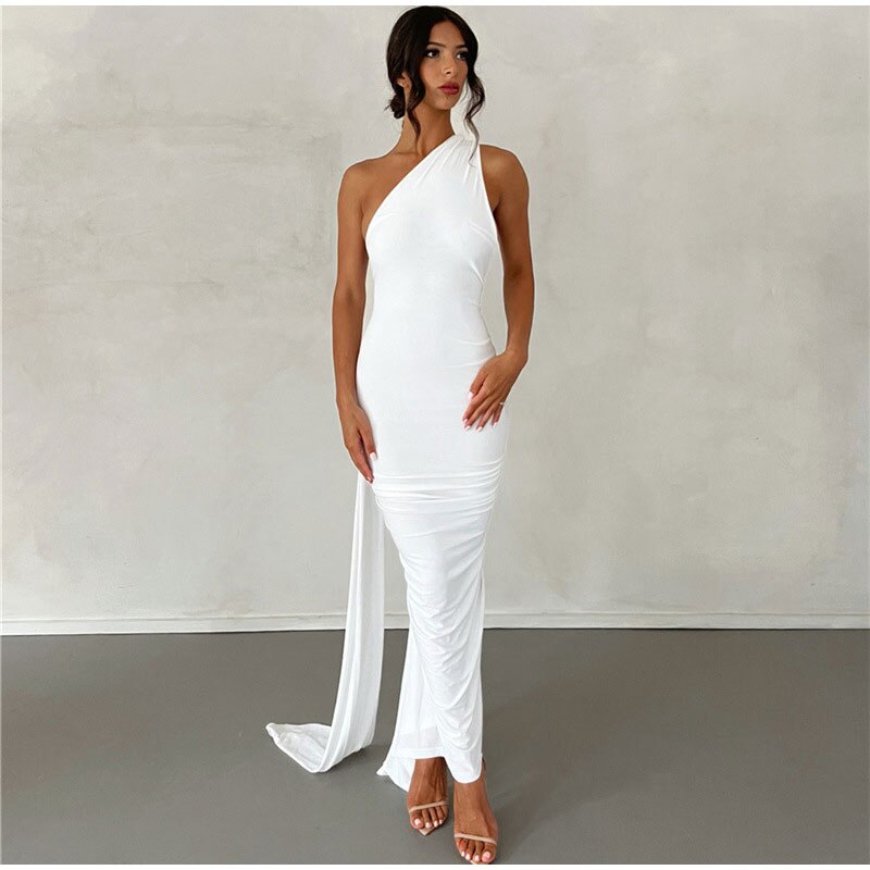 Solid Sexy Backless Halter Oblique Shoulder Pleated Evening Robe Fashion Elegant Women's Maxi Dress Summer Slim Party Vestidos