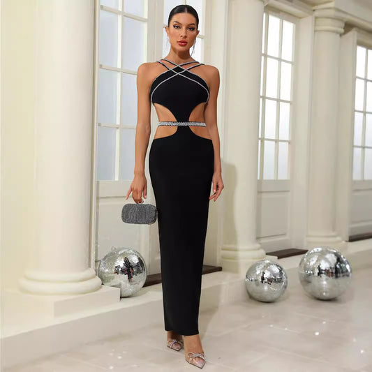 Bandage dress sexy hollow diamond side exposed waist sling hip long dress cocktail dress