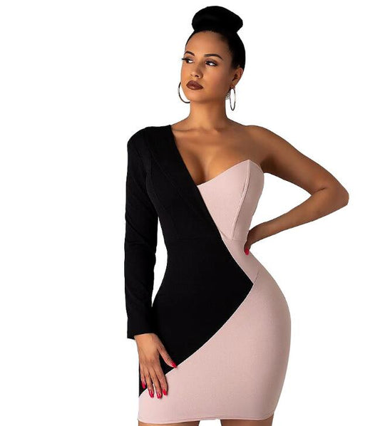 Women Summer One Shoulder V-neck Sexy Splicing Bodycon Above Knee Mini Midi Dress