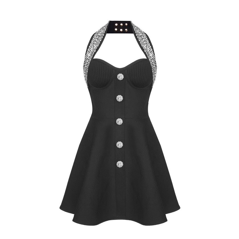 Shiny rhinestone button waist cinching neck mini black dress playful small fragrance party bandage dress