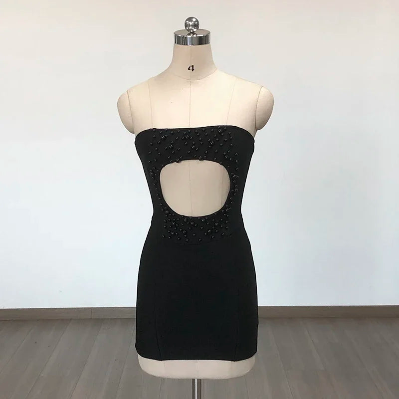 Black hollowed-out beaded strapless backless short dress elegant short bandage dress for formal occasions