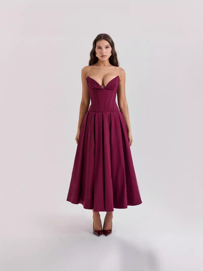 Solid V-neck sleeveless off shoulder elegant and sexy long dress