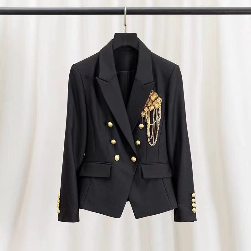 Autumn Winter Women Blazers Coats Diamond Double Breasted High Quality Casual Elegant Vintage Black Suits Ladies Jacket Outwear