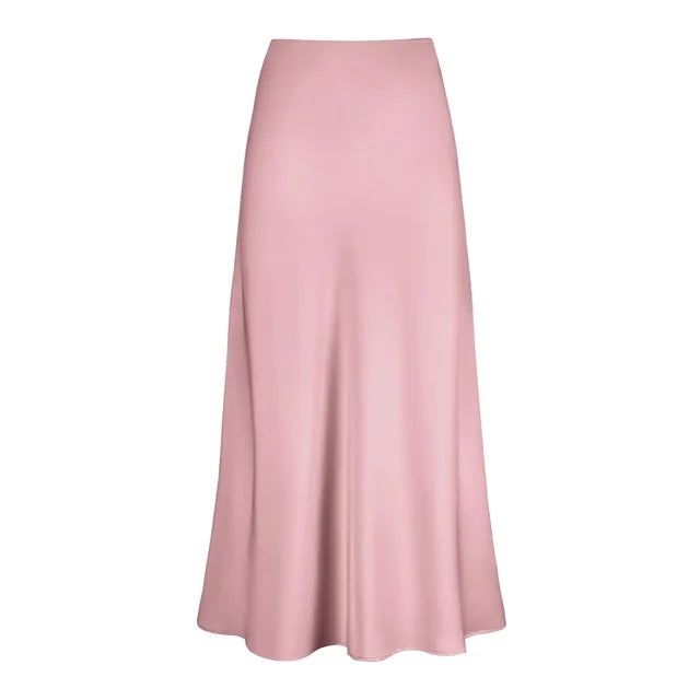 A-Line Pleated Long Skirts Summer Women  Korean Skirt Streetwear Elastic Waist Solid Elegant Satin Dress платье For Ladies