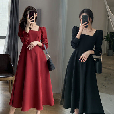 New Dress Women's Long Sleeve French Retro Style Square Neck Waist Slim Bottoming Long Skirt