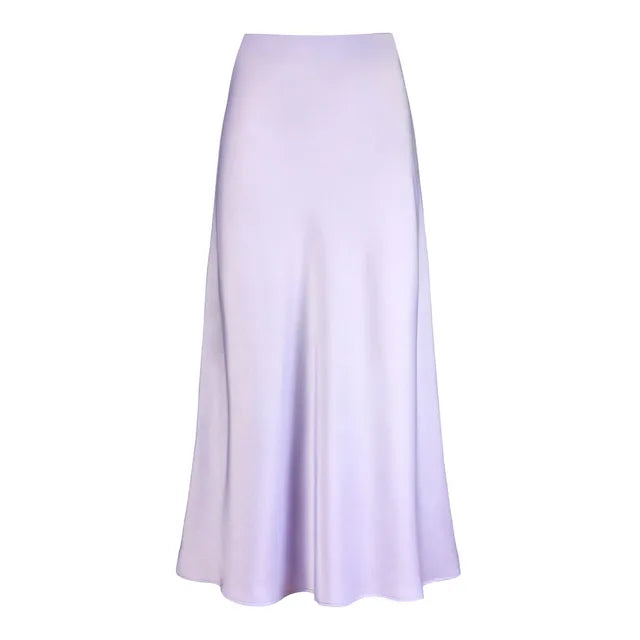 A-Line Pleated Long Skirts Summer Women  Korean Skirt Streetwear Elastic Waist Solid Elegant Satin Dress платье For Ladies