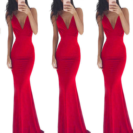 Women's Dresses Milk Silk Sling Sexy Backless Trailing Annual Party Evening Dress