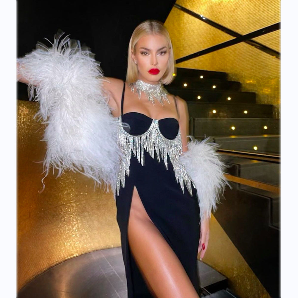 High-End Diamond Tassel Sexy Slit Suspender Dress Women's Dress