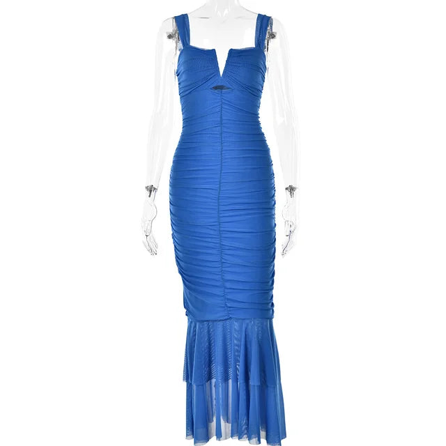 Mozision Hollow Out Backless Ruched Maxi Dress For Women Mesh Elegant Spaghetti Strap Sleeveless Bodycon Party Long Dress