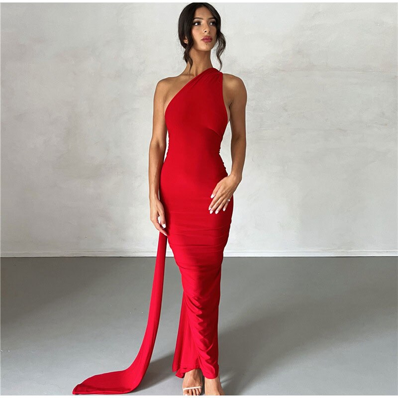 Solid Sexy Backless Halter Oblique Shoulder Pleated Evening Robe Fashion Elegant Women's Maxi Dress Summer Slim Party Vestidos