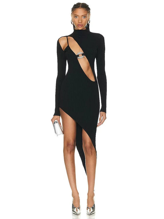 Women's Sexy Black Diamonds Hollow Out Split Irregular Bodycon Bandage Dress Elegant Party Celebrity Dresses Gown