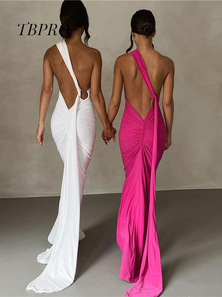 Solid Sexy Backless Halter Oblique Shoulder Pleated Evening Robe Fashion Elegant Women's Maxi Dress Summer Slim Party Vestidos