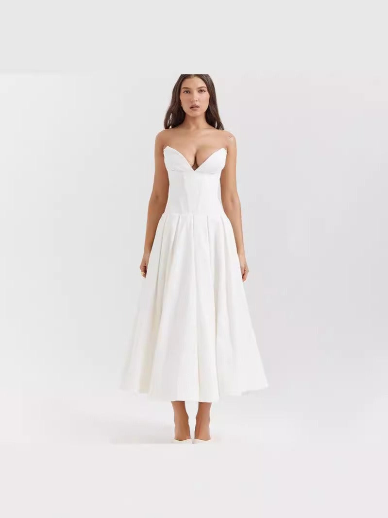 Solid V-neck sleeveless off shoulder elegant and sexy long dress