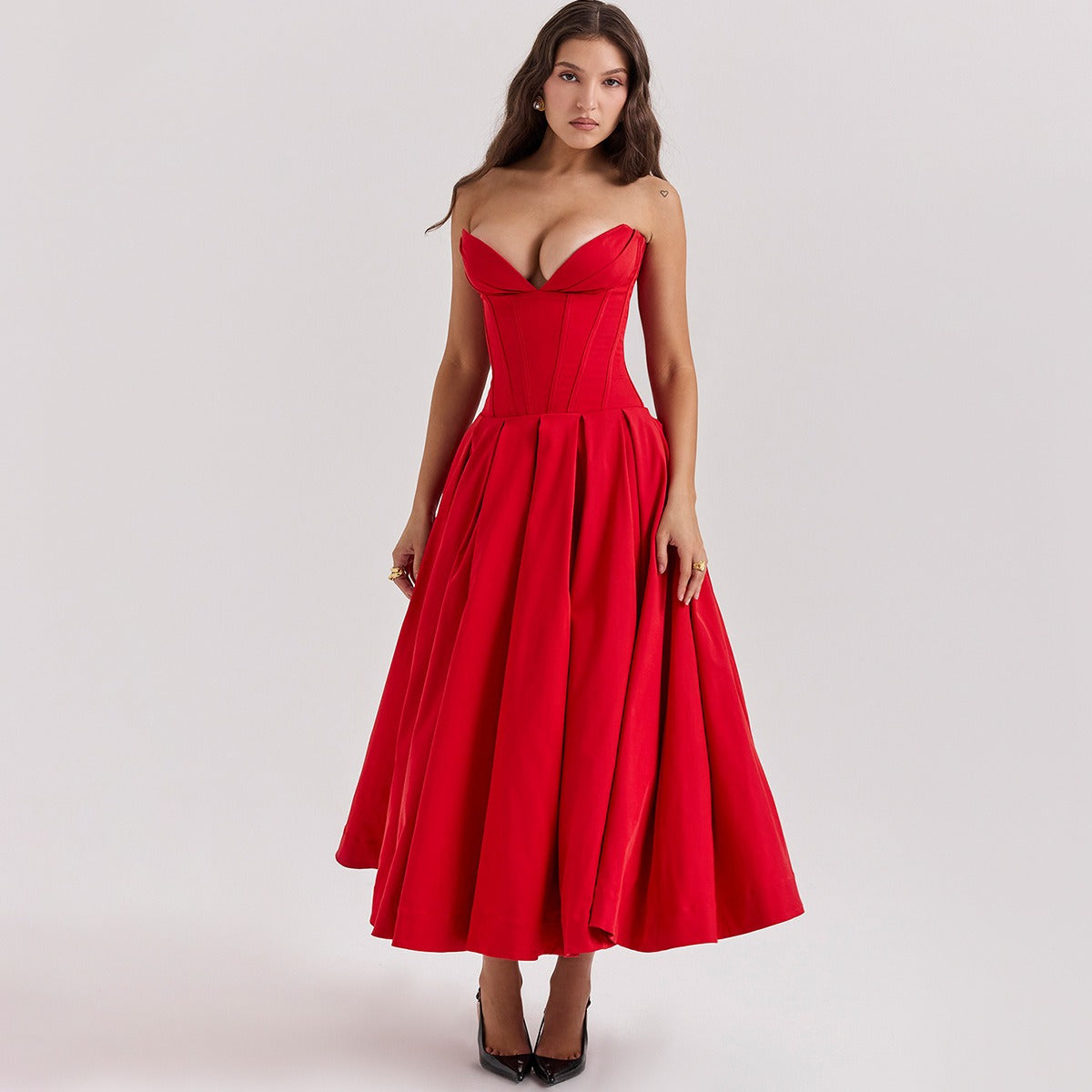 Solid V-neck sleeveless off shoulder elegant and sexy long dress