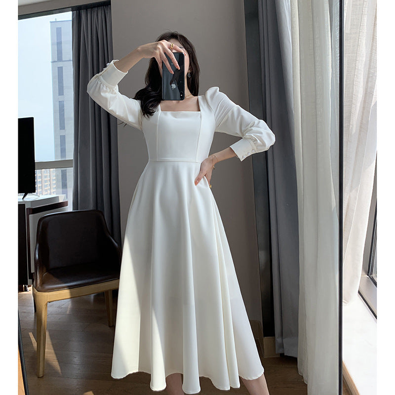 New Dress Women's Long Sleeve French Retro Style Square Neck Waist Slim Bottoming Long Skirt