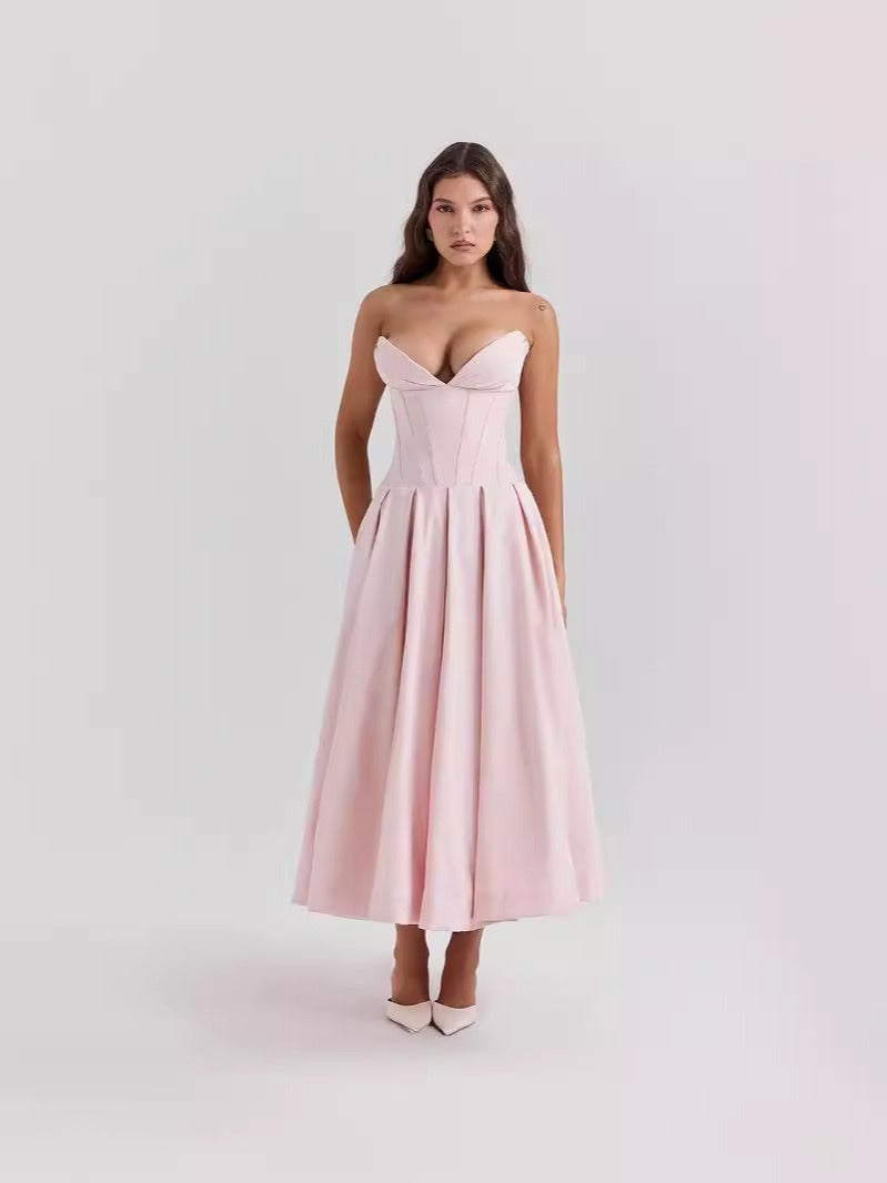 Solid V-neck sleeveless off shoulder elegant and sexy long dress