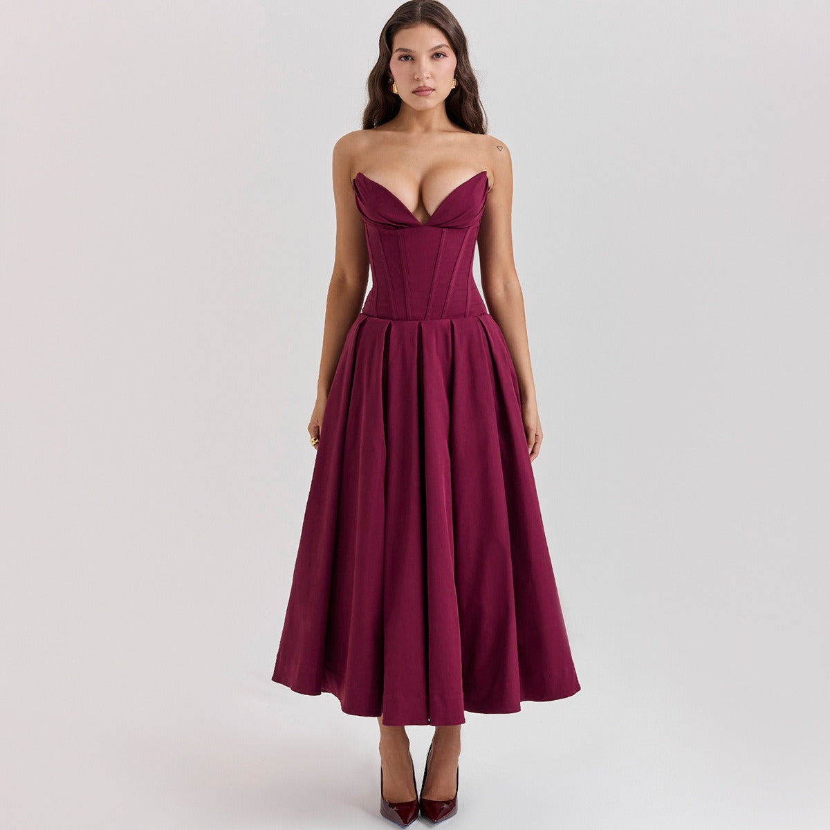 Solid V-neck sleeveless off shoulder elegant and sexy long dress