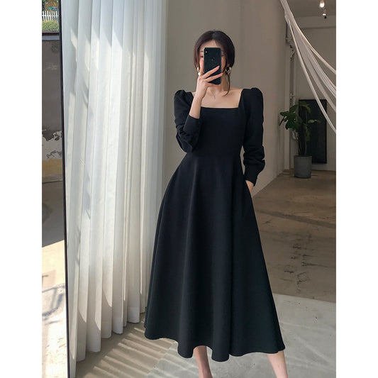 New Dress Women's Long Sleeve French Retro Style Square Neck Waist Slim Bottoming Long Skirt