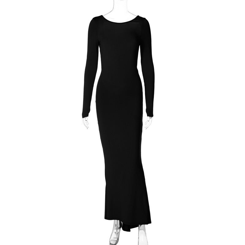 Solid color sexy backless pleated long and elegant slim fit dress