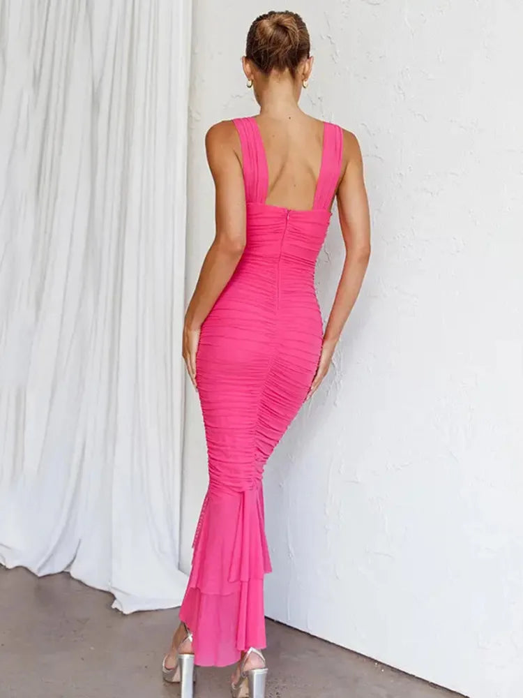 Mozision Hollow Out Backless Ruched Maxi Dress For Women Mesh Elegant Spaghetti Strap Sleeveless Bodycon Party Long Dress