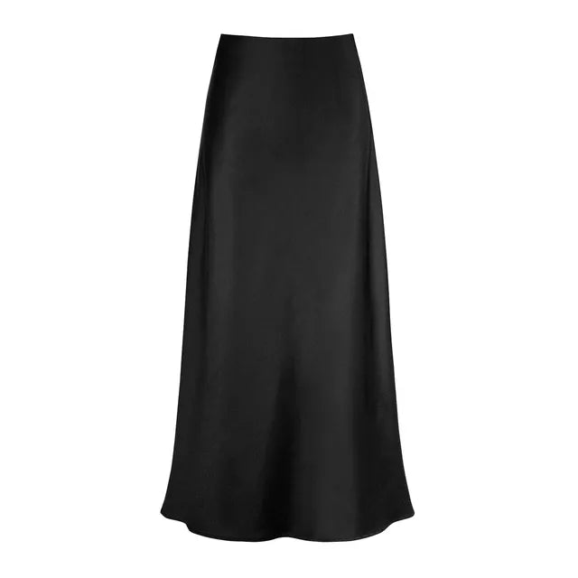 A-Line Pleated Long Skirts Summer Women  Korean Skirt Streetwear Elastic Waist Solid Elegant Satin Dress платье For Ladies