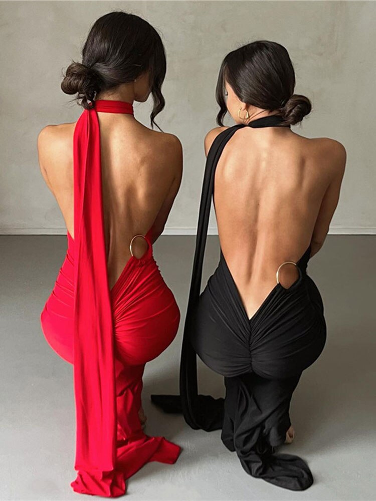 Solid Sexy Backless Halter Oblique Shoulder Pleated Evening Robe Fashion Elegant Women's Maxi Dress Summer Slim Party Vestidos