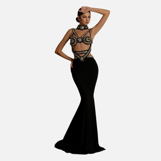 Black gold bandage dress with hollowed out suspender and backless cocktail dress