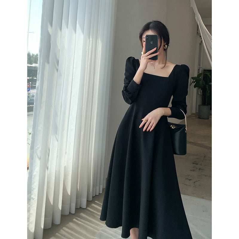 New Dress Women's Long Sleeve French Retro Style Square Neck Waist Slim Bottoming Long Skirt