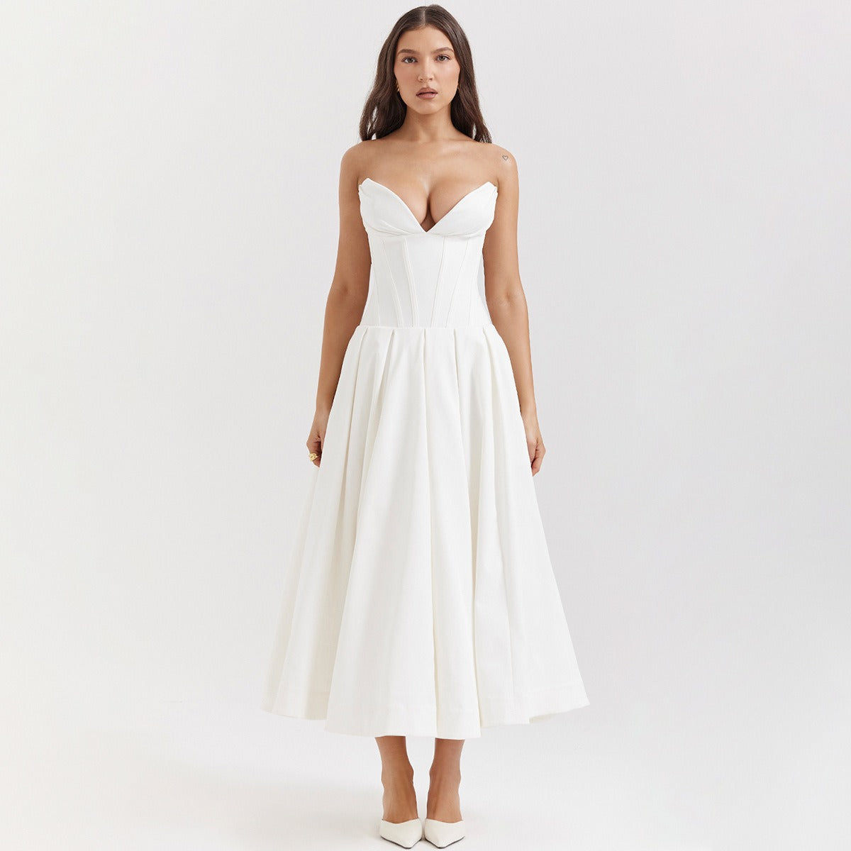 Solid V-neck sleeveless off shoulder elegant and sexy long dress